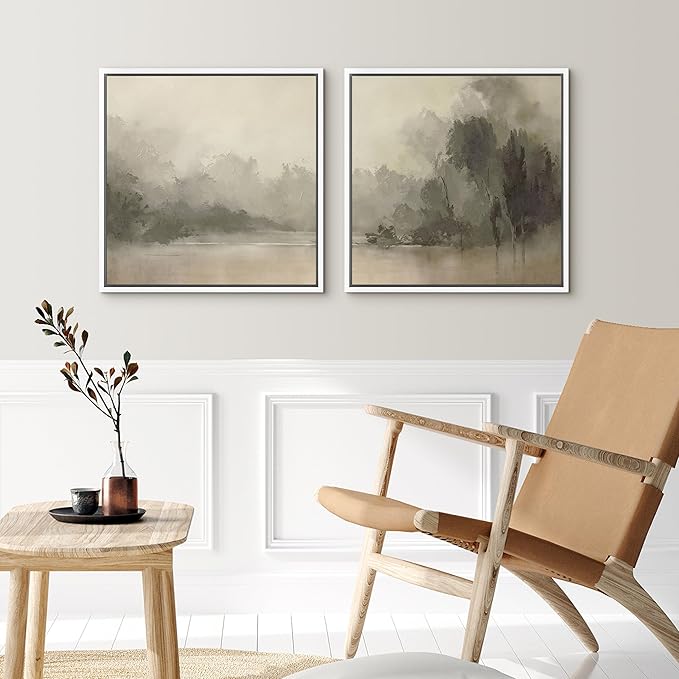 SIGNFORD Framed Canvas Print Wall Art Set Mystic River Fog Waterfront Nature Illustrations Modern Art Minimal Relax/Calm for Living Room, Bedroom, Office - 24"x24"x2 White