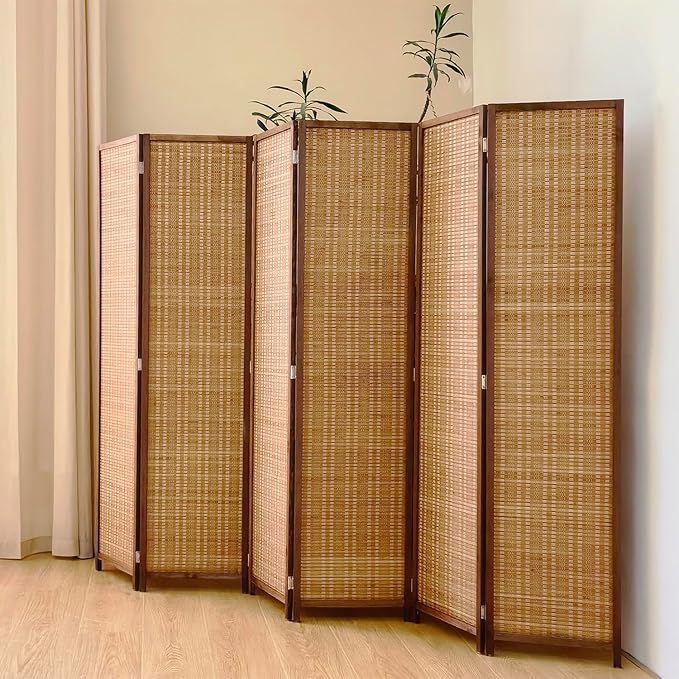 6 Panel Bamboo Room Divider Screen,5.6 FT Tall Bamboo Divider Folding Panel Screen,Freestanding Panel Divider for Room Seperation,Brown