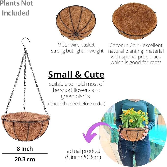 LaLaGreen Hanging Baskets Outdoor - (8 Inch, 2 Pack) Hanging Planters Outside with Coco Liner, Small Round Flower Pots Hanger Metal Wire Holder Outdoor Porch Patio Modern Deck Balcony Garden Decor