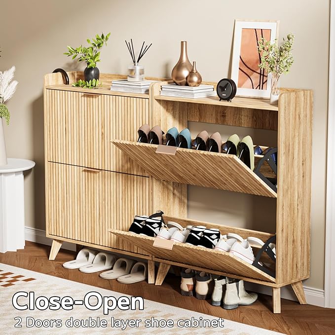 Fluted Shoe Cabinet Storage with 2 Flip Drawers, Wood Narrow Hidden Shoe Cabinet with Adjustable Shelf for Entryway, Freestanding Slim Shoe Rack Organizer for Foyer Hallway Living Room