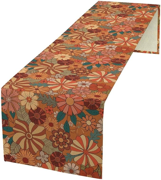 Vintage Floral Table Runner Boho 70s Style Retro Flower Hippie Groovy Pattern Dinner Runner for Home Kitchen Dining Table Party Holiday Decor 13"x120"