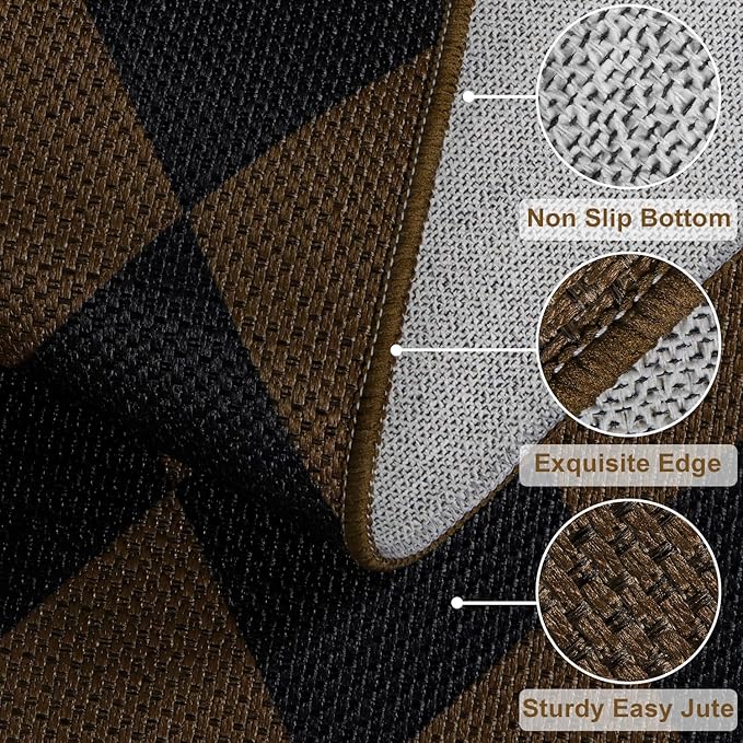 Rugalia Easy Jute Checkered Entryway Rug, 2.6x4 Coffee Modern Indoor Outdoor Doormat Non-Slip Washable Kitchen Rug, Neutral Farmhouse Diamond Throw Rugs for Entrance Bedroom Porch Patio