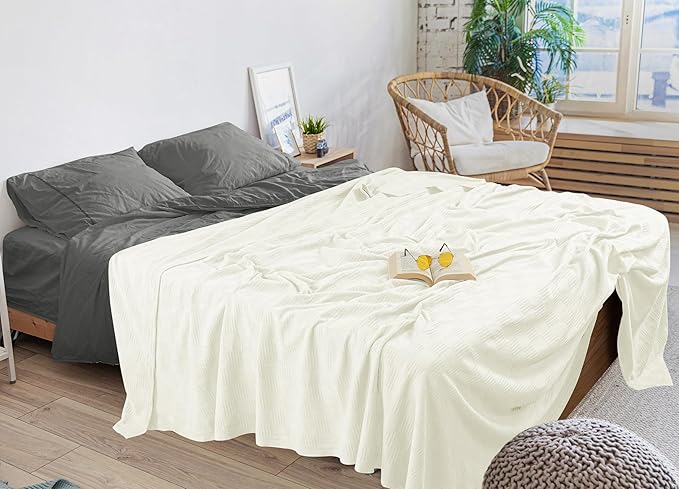 Utopia Bedding 100% Cotton Thermal Blanket Ivory King Size Soft, Lightweight, Breathable, Cozy Spring and Summer Blankets for Bed, Home Room Decor Gifts for Women and Men (90x108 Inches)