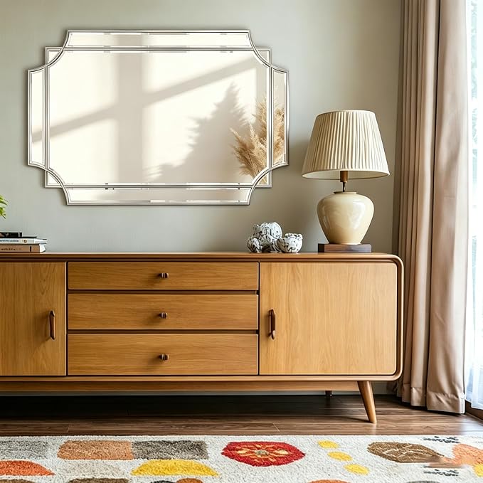 Geometric Beveled Mirror, 36" x 24" Silver Art Deco Mirror with Silver Wood Frame, Rectangle Accent Wall Mirror for Entryway, Bathroom, Living Room, Bedroom, Horizontal or Vertical Hanging