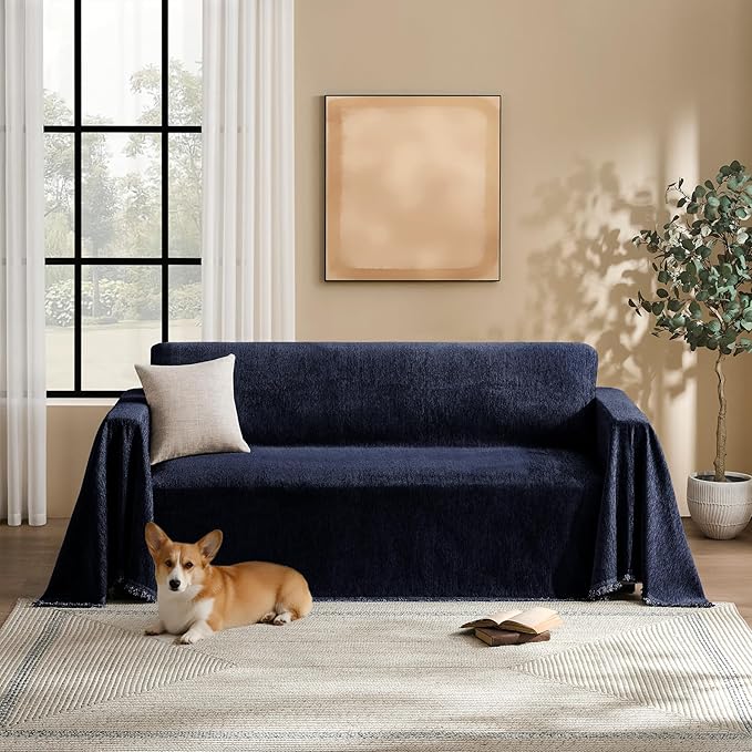 MaymissCouch Cover for Dogs Sectional Sofa Covers Washable for 3 Cushion Couch, Chenille Couch Cover Blanket, Sectional Sofa Slipcovers, Multi-Use Furniture Protector for Kids, Pets, 71" X150", Navy