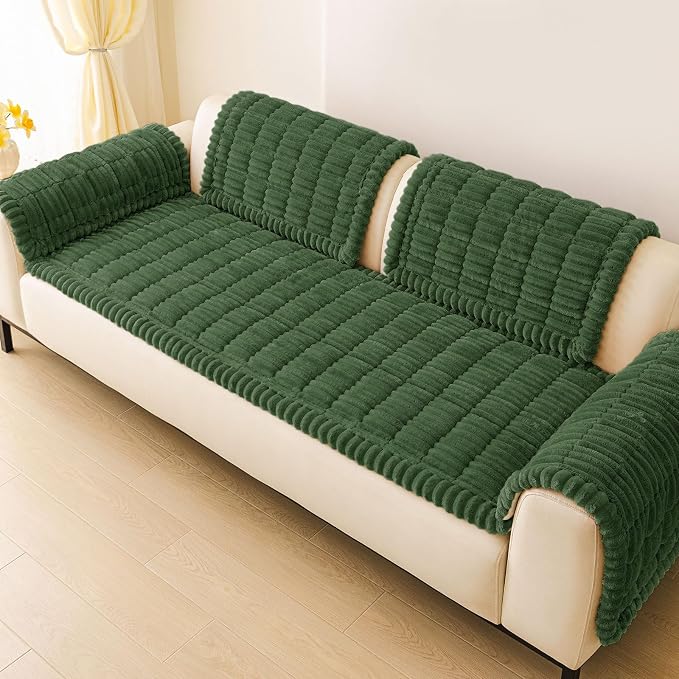 hyha Couch Cover for Dogs Washable, Non Slip Thick Flannel Sofa Protector, Pet Friendly Plush Furniture Cover for Sectional Sofa & Loveseat (Dark Green, 43" x 63")