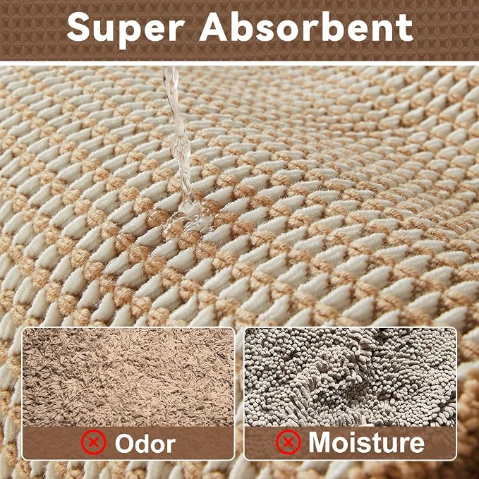 Triohero Waffle Bath Mat, Boho Bathroom Rugs Non Slip Washable, Ultra Soft Super Absorbent Quick Dry Farmhouse Bathroom Decor, 24" x 48", Khaki & White