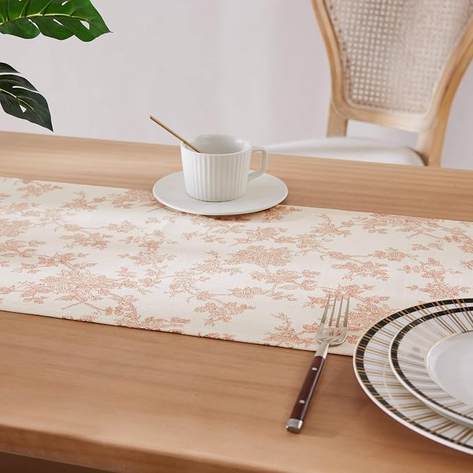 100% Cotton French Pastoral Table Runners, 13x90 Inch Taupe Farmhouse Table Runners 90 Inches Long, Vintage Flowers Print Home Decors