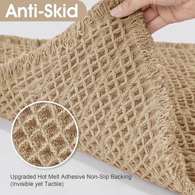 Upgraded Waffle Bath Mat, 32"x20" Beige-Herringbone, Super Absorbent Non-Slip Quick Dry Bathroom Rugs with Tassels, Machine Washable Ultra Soft Boho Bath Rugs, Toilet Mats Boho Farmhouse Decor