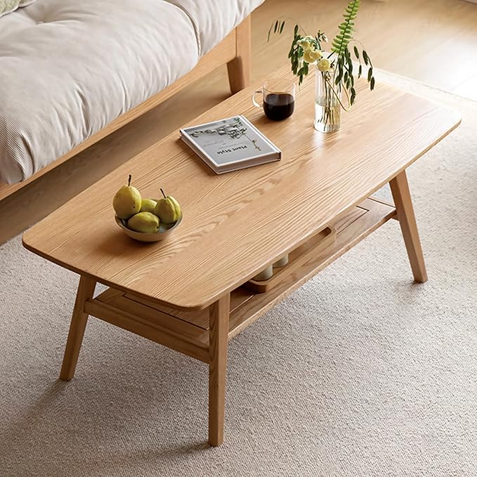 Modern Solid Oak Wood Coffee Table, 2-Tier Small Wooden Coffee Table with Storage Shelf for Living Room, Apartment, Office, Natural (32''D x 20''W x 18''H)