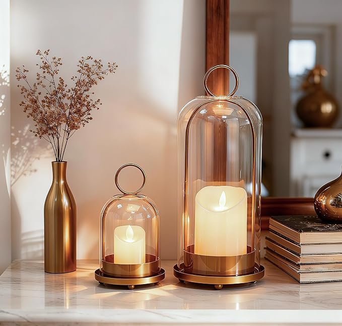 Hurricane Candle Holders Set of 2, 5" & 4" Metal and Glass Candle Lantern with Clear Dome for Pillar Candle, Wedding & Christmas Table Centerpiece, Farmhouse Home Decor (Brass, Large & Small)
