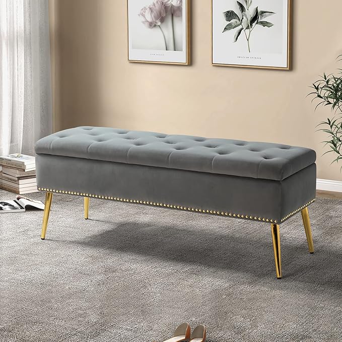 HULALA HOME Modern Velvet Storage Ottoman Bench with Gold Base & Nailhead Trim, Upholstered Bedroom Bench for End of Bed, Button-Tufted Footstool for Entryway Living Room Dining Room, Grey