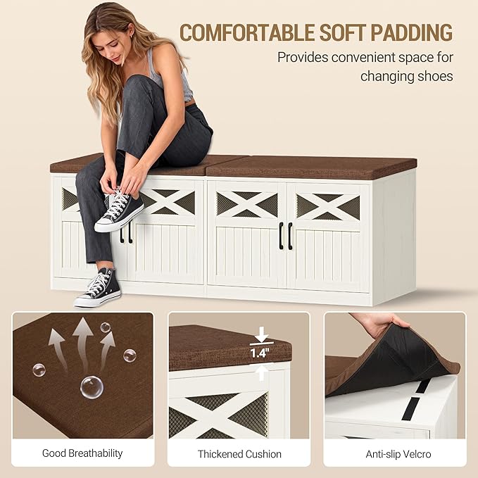 Hzuaneri 2 Tier Shoe Storage Bench with Doors, 59" Farmhouse Shoe Bench with Padded Cushion, 12-16 Pairs of Bed End Bench, Entryway Bench with Storage for Bedroom, Living Room,Rustic White SB61514KA