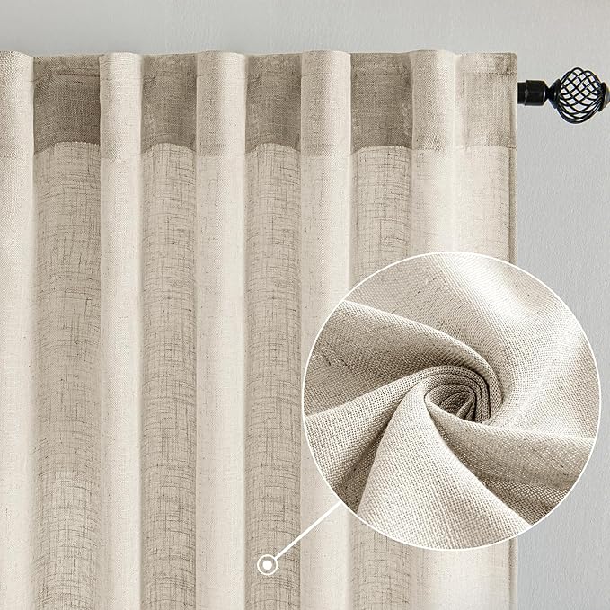 MIULEE Cream Linen Curtains 108 Inches Long 2 Panels for Bedroom Living Room, Soft Linen Textured Window Drapes Semi Sheer Light Filtering Back Tab Rod Pocket Farmhouse Modern Burlap Look Decor