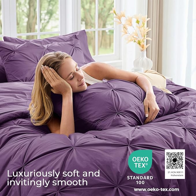 Sasttie King Size Comforter Set, 7-Piece Bed in a Bag, Pintuck Bedding Set for All Season, Includes Comforter, Flat Sheet, Fitted Sheet, Pillowcases and Pillowshams, Grape Purple