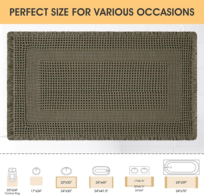 Upgrade Waffle Bath Mat, Greyish Green 36"x24", Boho Bathroom Rugs Absorbent Non Slip, Ultra Soft Bathroom Mat, Machine Washable Knit Bath Rugs with Tassels for Bathroom, Bedroom, Kitchen, Shower