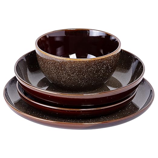 Gibson Elite Edwina 16-Piece Double Bowl Dinnerware Set, Service for 4 – Dark Green Stoneware Plates and Bowls