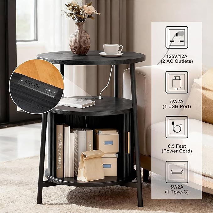 DHH Round End Tables with Charging Station, Fluted Accent Side Table with Sliding Door, Mid-Century Modern Nightstand for Small Space Storage, Living Room, Bedroom,Sofa Couch(1, Black)