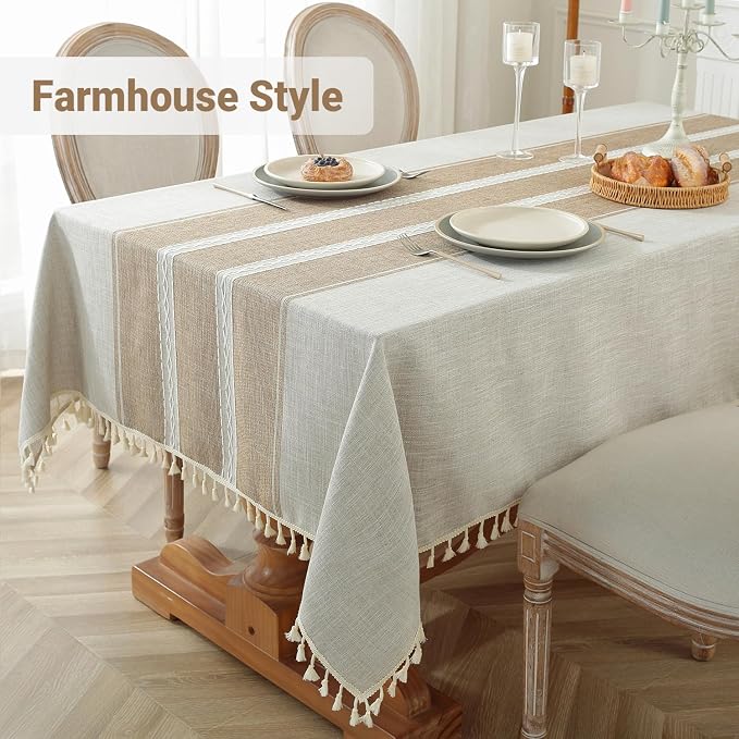 Laolitou Cotton Linen Waterproof Tablecloth for Dining Table Rustic Farmhouse Kitchen Rectangle Table Cloth Coffee Tables Cover, Coffee Lines, 55x86 Inch