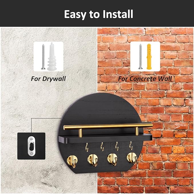 Nekon Key Holder for Wall - 9.8 Inch Apartment Wall Decor with Shelf and 8 Key Hooks, Circular Wood Key Hanger for Home Decor (Black with Golden Hooks)