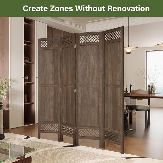 Privacy Screen Room Divider Panel - Real Wood Folding Partition Room Dividers, No-Assembly Required, Enhance Privacy and Aesthetic Appeal, Ideal for Home or Office Brown 67 Inch Tall 4 Panel