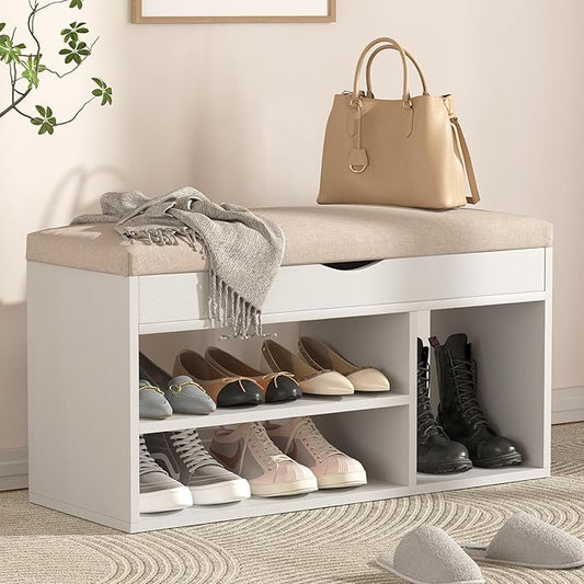 Apicizon 31 Inches Storage Bench with Padded Cushion, Shoe Bench with Storage Space, Upholstered Entryway Bench for Living Room, 2-Tier Shoe Rack Organizer, White
