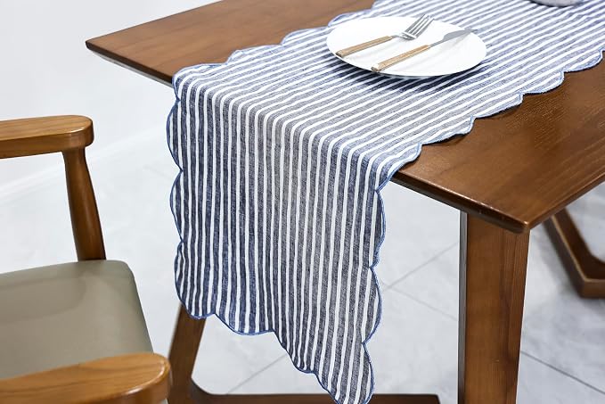 100% Natural Linen Rustic Scalloped Embroidery Table Runner 48 Inches, Linen Table Runner 14 x 48 Inch Ideal for Dresser and Dining Tables Decor, 2-4 Sets, Blue Stripe(Edges-Blue)