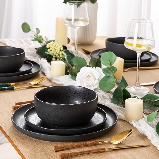 AmorArc Ceramic Dinnerware Sets, Wavy Rim Stoneware Plates and Bowls Sets,Dishwasher & Microwave & Oven Safe Dishes set, Service for 6 (18pc)-Charcoal Matte