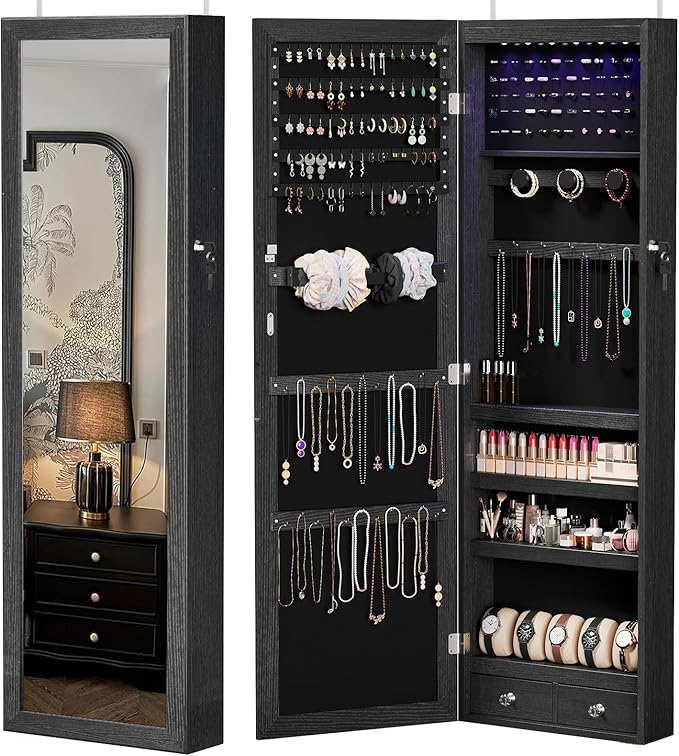 Sweetcrispy Jewelry Organizers and Storage, Wall/Door Mounted Jewelry Armoire with Mirror, 47.2" Tall Mirror with Storage, Automatic 6 LED Lights, Lockable, 2 Drawers, Black
