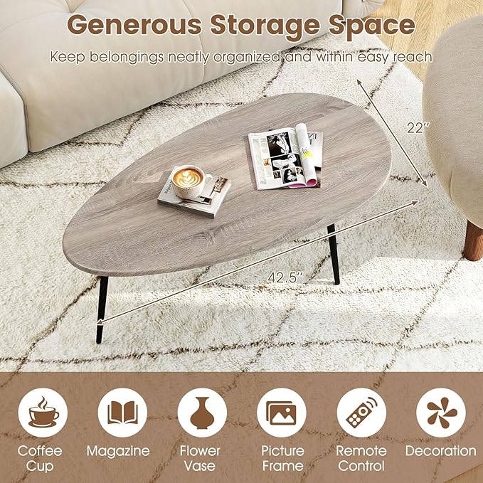 Giantex Oval Coffee Table, Mid Century Modern Center Table with Sturdy Metal Frame and Compact Design, Vintage Accent Cocktail Tea Table, Wood Living Room Tables for Small Spaces (Grey Oak)