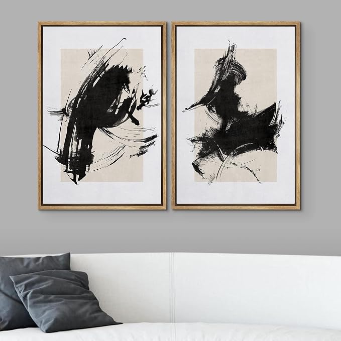 SIGNWIN Framed Canvas Print Wall Art Set Black Ink Paint Stroke & Brown Square Abstract Geometric Illustrations Graffiti & Street Art Modern Art for Living Room, Bedroom, Office - 24"x36"x2 Natural