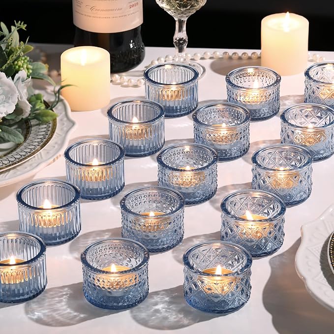 Lanttu 15 Pcs Glass Blue Tealight Candle Holders Bulk Votive Candle Holders Set Ribbed Dot Diamond Pattern Designs Vintage Candle Holders for Wedding Table Centerpiece Home Party Holiday Decor