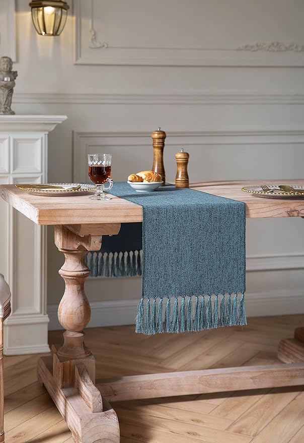 ZeeMart Blue Table Runners 108 Inches Long, Burlap Linen Style Rustic Farmhouse Table Runner, Long Boho Dining Table Runner, 13x108 Inches, Blue