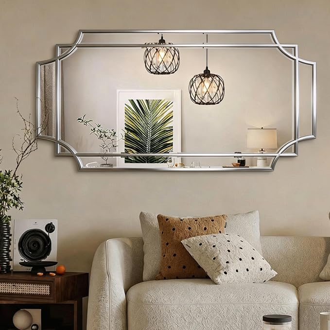 Geometric Beveled Mirror, 47" x 24" Silver Art Deco Mirror with Silver Wood Frame, Large Rectangle Accent Wall Mirror for Entryway Bathroom Living Room Bedroom, Horizontal/Vertical Hanging