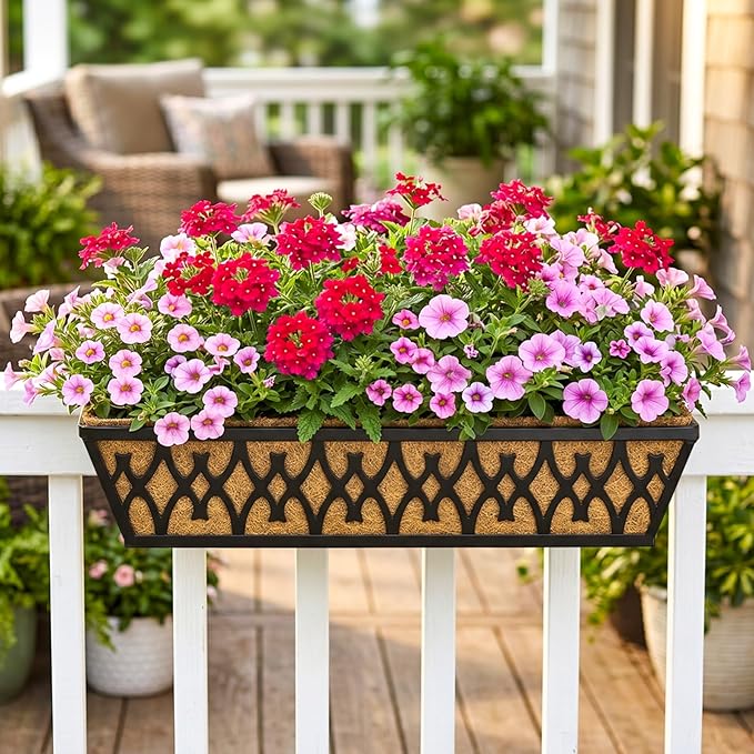 2 Pack 24 Inch Window Boxes Planters Railing Planter Box with Adjustable Brackets for Porch Fence Patio Balcony Hanging Flower Baskets with Coco Liners for Outdoor Garden Décor - Black