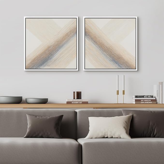 SIGNFORD Framed Canvas Print Wall Art Set Geometric Cross Neutral Beige & Blue Abstract Illustrations Modern Art Minimal Relax/Calm for Living Room, Bedroom, Office - 24"x24"x2 WHITE