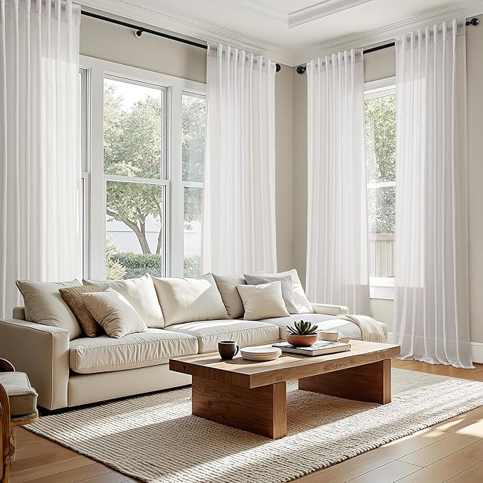 Extra Long White Linen Curtain 120 Inch long Back Tab Light Filtering Semi Sheer Modern Farmhouse Cotton Textured Elegant Ceiling to Floor Window Panels for Living Dining Room Bedroom Decor 2 Panels