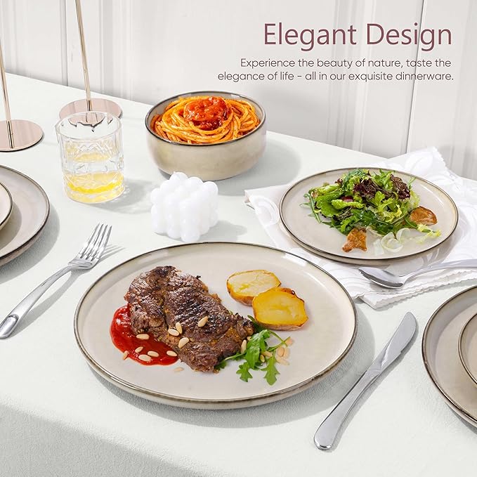 Herogo Stoneware Plates and Bowls Sets for 4, 12 Pieces Modern Round Dinnerware, Reactive Glaze Dishes Set for Kitchen, Chip Resistant, Microwave & Dishwasher Safe, Cream Khaki
