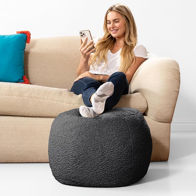 Jaxx Ellis Ottoman Shearling Faux-Lamb Plush Pouf for Modern Interior Design, Small, Black
