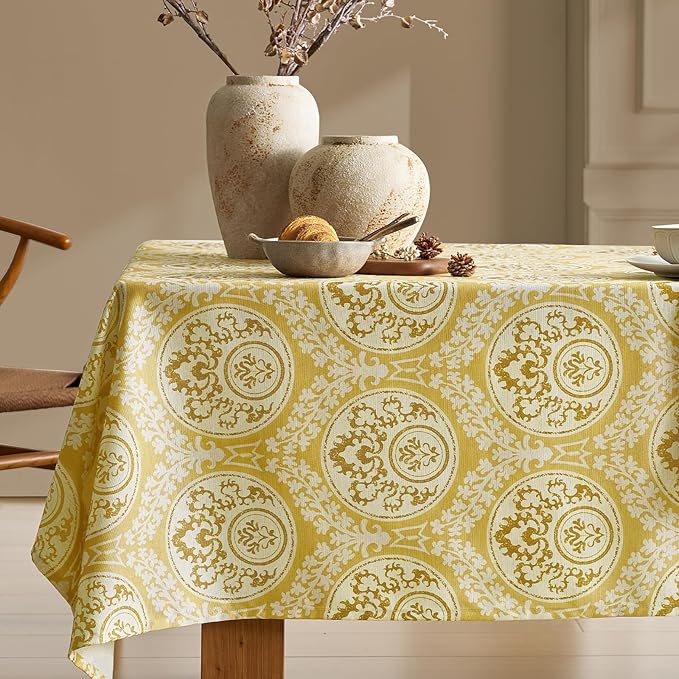 Rustic Yellow Floral Tablecloths Rectangular: Linen Printed Farmhouse Table Cloth - Damask Patterned on Burlap Textured Fabric Outdoor Table Cover for Kitchen,Dining,Party,Picnic Decor, 55x84 Inch