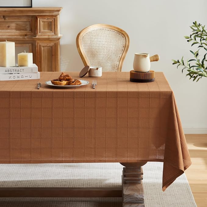 ZeeMart Linen Checked Table Cloth 52x70 Inches (Fit 3ft-4ft, Narrow Fit for 5ft Rectangle Table), Farmhouse Style Plaid Embroidered Water Resistant Table Cover, Caramel