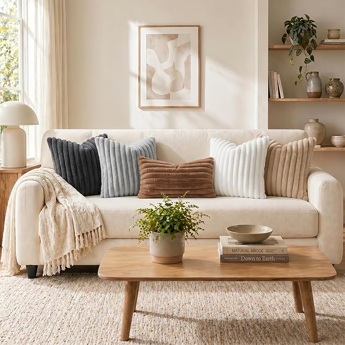 Pallene Faux Fur Plush Throw Pillow Covers 22x22 Set of 2, Luxury Soft Fluffy Striped Decorative Pillow Covers for Sofa, Couch, Living Room, White