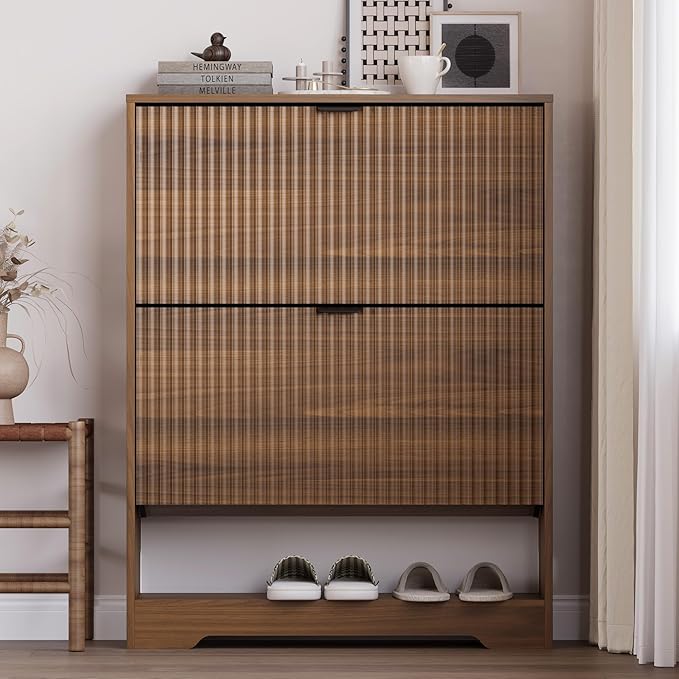 BORNOON Shoe Cabinet with 2 Flip Drawers, Fluted Shoe Storage Cabinet with Adjustable Shelves, Freestanding Rack and Organizer for Entryway, Closet, Hallway