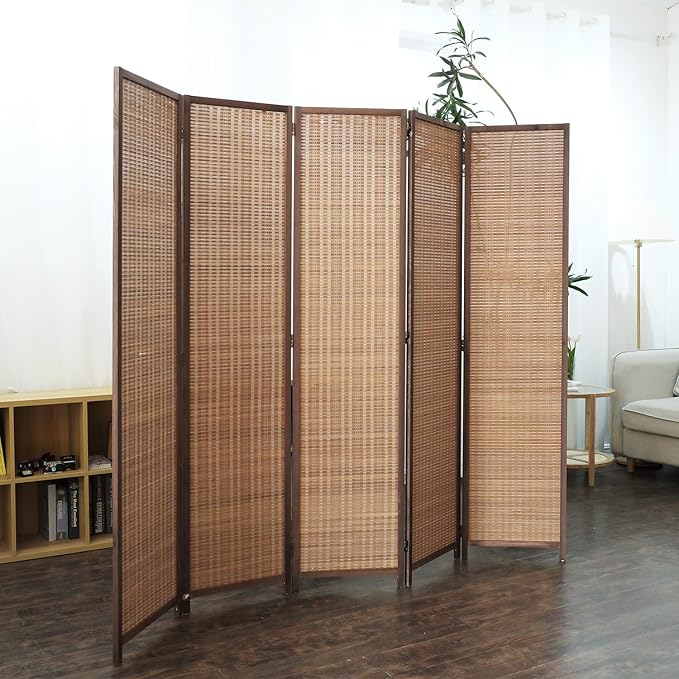Furnnylane 5 Panel Bamboo Room Divider - 5.6 ft Tall Folding Privacy Screen for Room Separation, Natural Brown Freestanding Partition Wall for Home Office (67" H x 76.75" W)