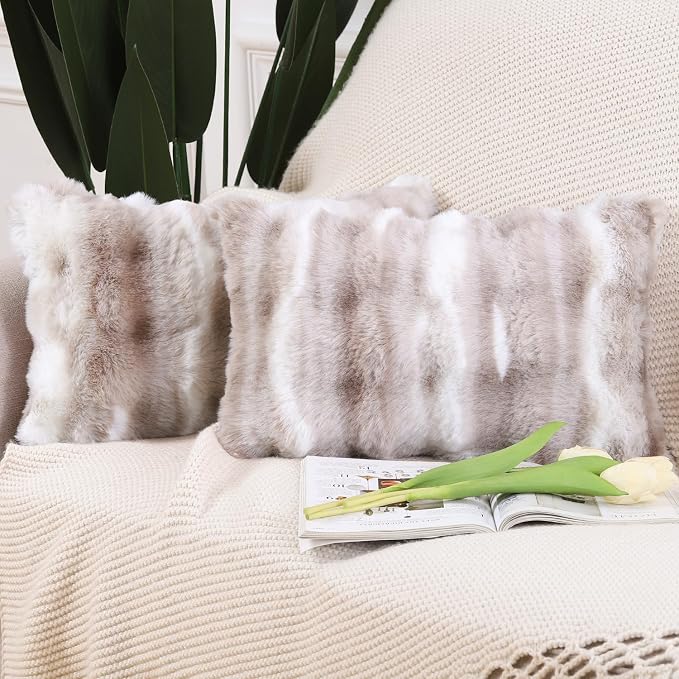 MADIZZ Pack of 2 Thick Plush Faux Wool Throw Pillow Covers Soft Boho Throw Pillows Luxurious Cushion Covers for Couch Sofa Bedroom Living Room Home Decor 12x20 Inch White Taupe