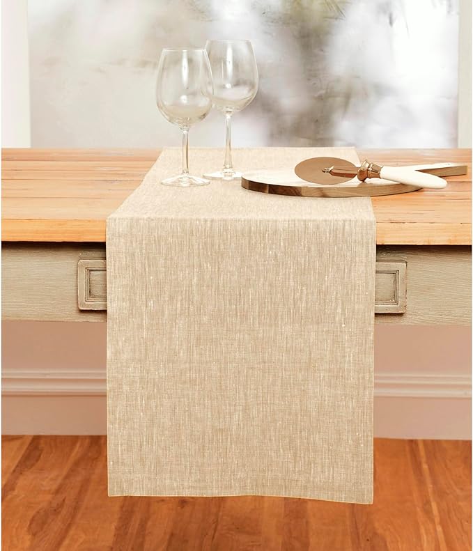 Solino Home Linen Champagne Beige Table Runner 156 Inches Long - Athena, 100% Pure Linen Dining Table Runner 14 x 156 Inch for Summer