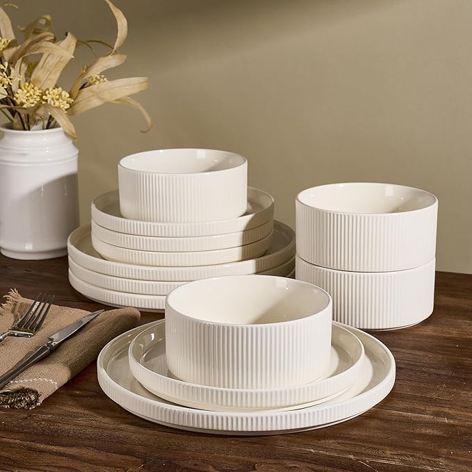 Star 12-Piece Plates and Bowls Set, Porcelain Dinnerware Sets for 4 Service, Modern Dish Set-Chip and Scratch Resistant, Dishwasher & Microwave Safe, Creamy White