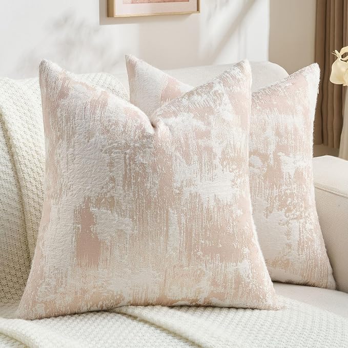 FUTEI Pack of 2 Faux Cashmere Jacquard Throw Pillow Covers 22x22 Inch Soft Marble Pattern Vintage Decorative Cushion Case Modern Farmhouse Accent for Couch Bed Living Room, Pink White