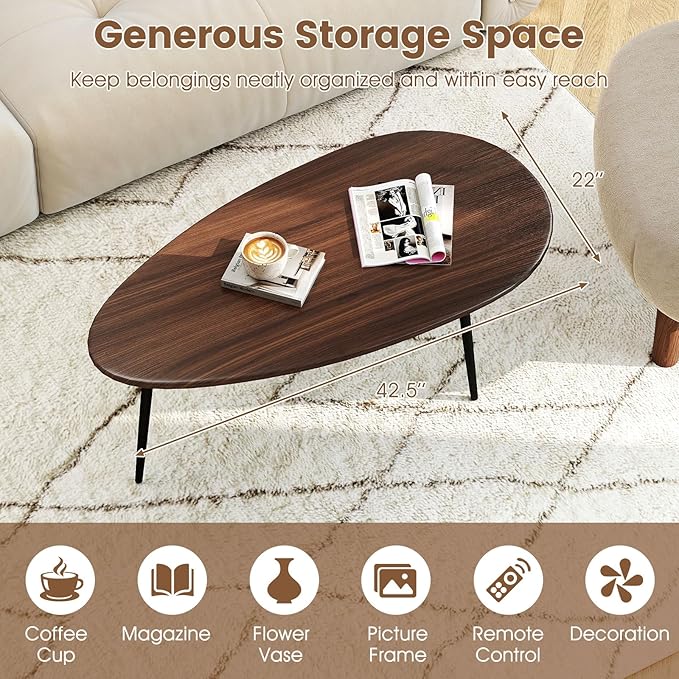 Giantex Oval Coffee Table, Mid Century Modern Center Table with Sturdy Metal Frame and Compact Design, Vintage Accent Cocktail Tea Table, Wood Living Room Tables for Small Spaces (Walnut)