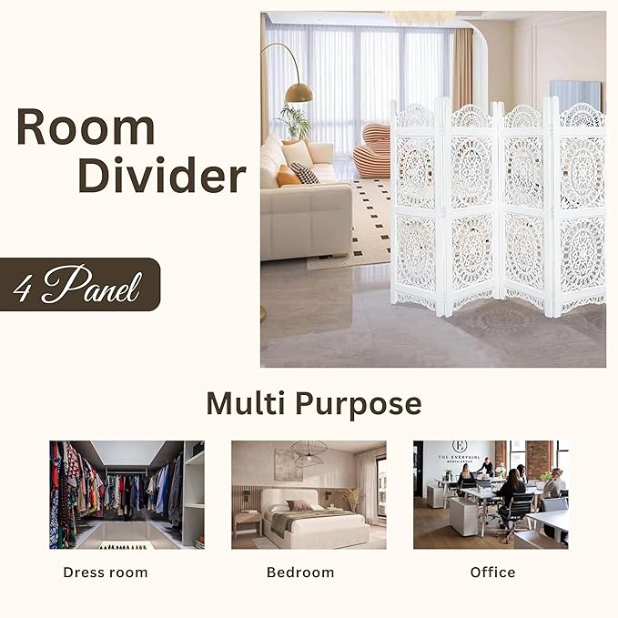 Lightnpro 4-Panel Wooden Room Divider 48 × 64 Inch Antique White Finish - Hand-Carved Oval Folding Privacy Screen, Pre-Assembled Decorative Partition for Living Room, Bedroom & Home Office
